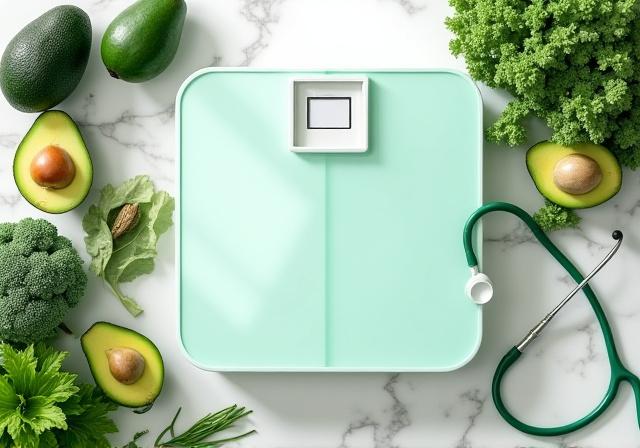 Mesa con alimentos saludables y equipo de medición nutricional